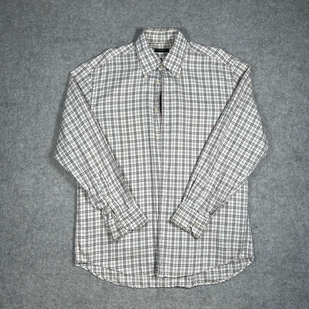 Canali button down Shirt Mens Large White‎ Plaid grid Long Sleeve Cotton Luxury